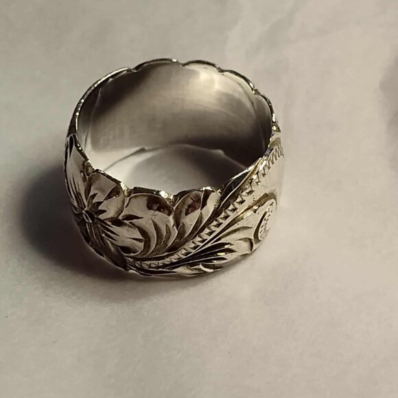 Sterling Silver 925 Plumeria Flower Scroll Band Ring Sz 7 - Picture 8 of 12